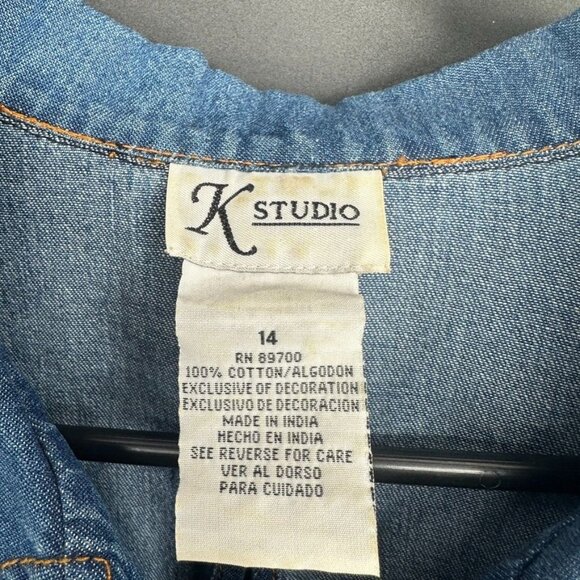 Vintage K Studio Plus Size 14 Denim Embroidered Floral Open Back Button Up Shirt - Picture 3 of 14